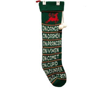 Vintage Reindeer Names Spell Out Christmas Stocking Large Knit Green 21.5"